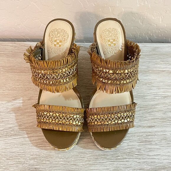 Vince Camuto Wedge Espadrille Sandals 6.5 Brittnuh Brown Gold Tan Slides - Picture 2 of 12